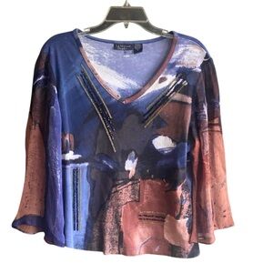 Le Mieux Studio Blue/Brown V-Neck Top with Beaded Detailing. Size X-Large